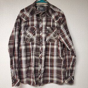 Mens Long Sleeve Snap Button Up Brown & White Plaid Shirt By BKE - Size XXL